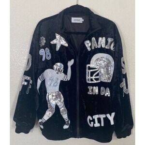 Joyrich Black Velvet Sequin Football Jacket Gold & Silver Womens Size Large
